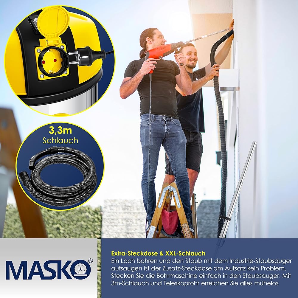 Masko Aspirateur eau et poussière 2300 W cuve en acier inoxydable avec fonction soufflage et prise électrique