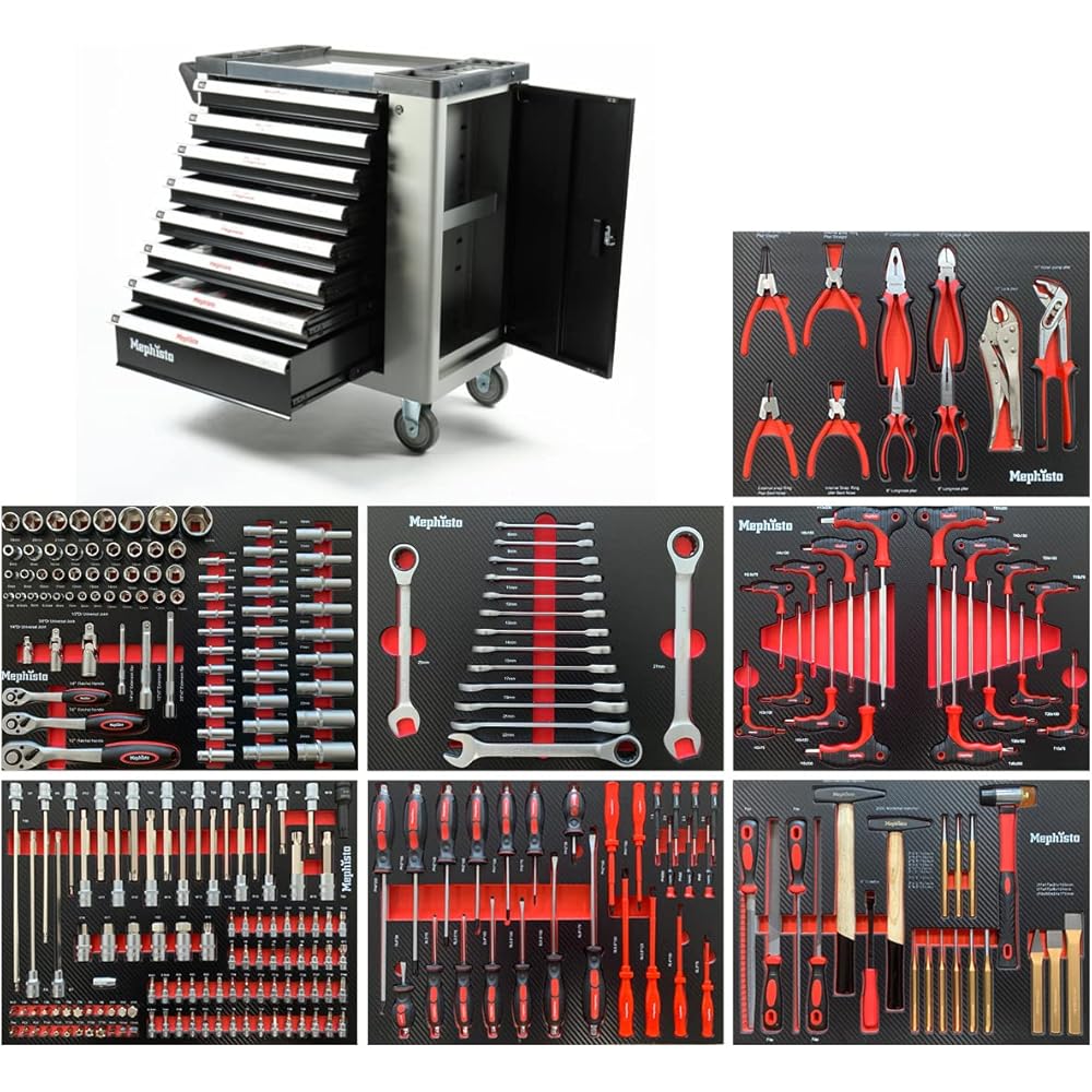 Mephisto Servante à outils XXL avec 8 tiroirs, dont 7 avec outils tels que clé, cliquet avec boîte à noix, tournevis, etc. dans des incrustations souples en aspect carbone : Bricolage