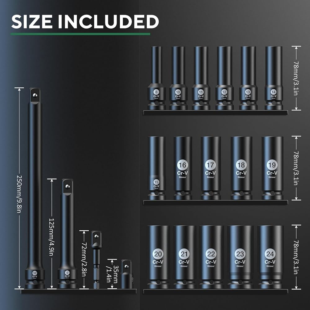 Jeu de douilles à choc 20 pièces, CR-V 8-24mm Ginour Coffret de douilles 1/2" 16 pièces 6 Pans avec rallonge 3, 5,10-inch et adaptateur 3/8 à 1/2 : Bricolage