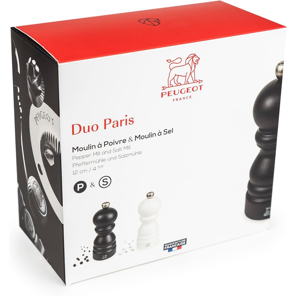 PEUGEOT - Duo Paris - Moulin à Poivre + Moulin à Sel 12 cm - Réglage Classique - Bois Revalorisé Labellisé PEFC - Fabrication Française - Coloris Noir & Blanc : Cuisine et Maison