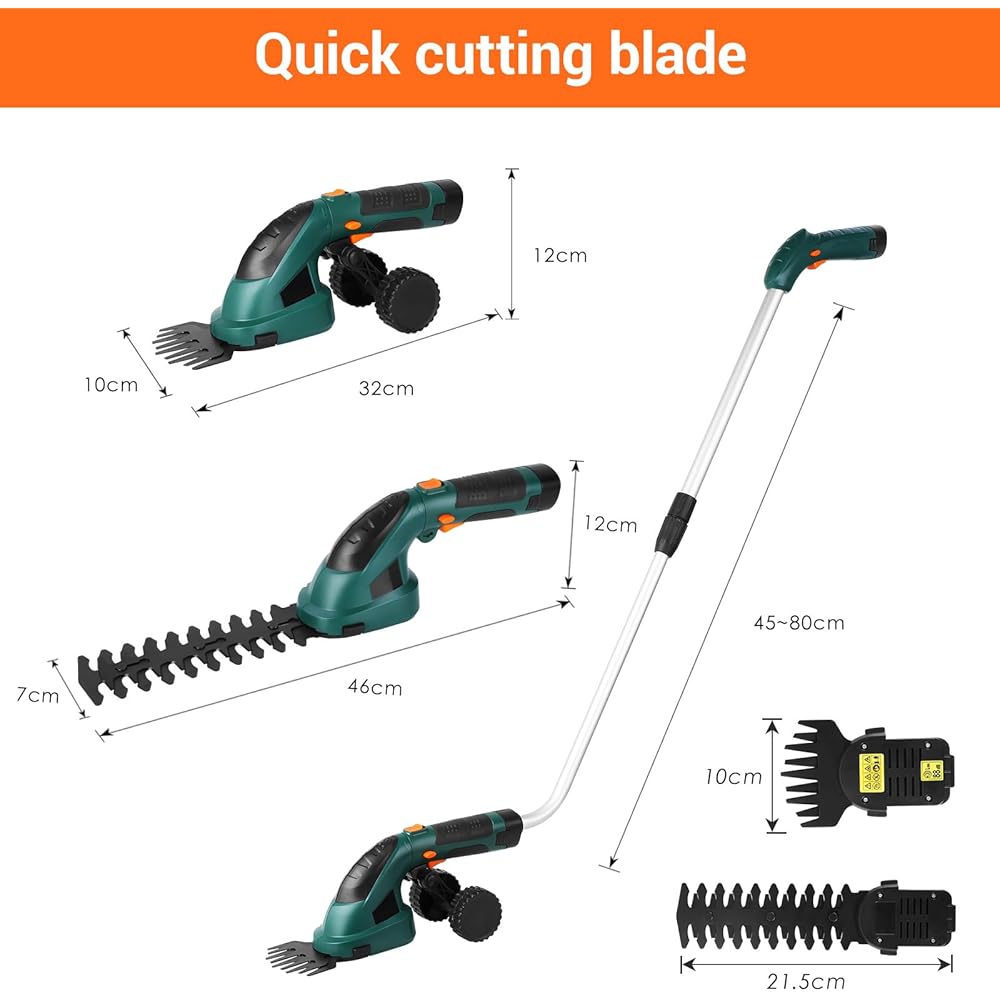 Coupe Bordure sans Fil, Cisaille à Gazon avec Batterie 7.2V et Chargeur, Taille Haies sans Fil, Tondeuse à Gazon, Manche Long Télescopique Détachable, pour Couper Gazon/Buisson/Haie,Vert foncé : Jardin