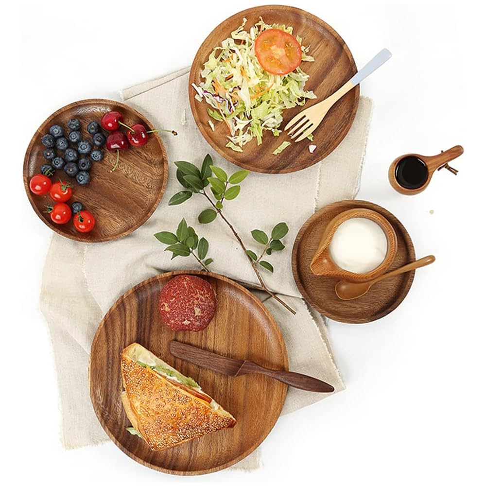 AOOSY Lot de 4 assiettes rondes en bois d'acacia, plateau de service ou plats de service entièrement naturels pour décoration de table, 25 cm, cadeau de pendaison de crémaillère : Cuisine et Maison
