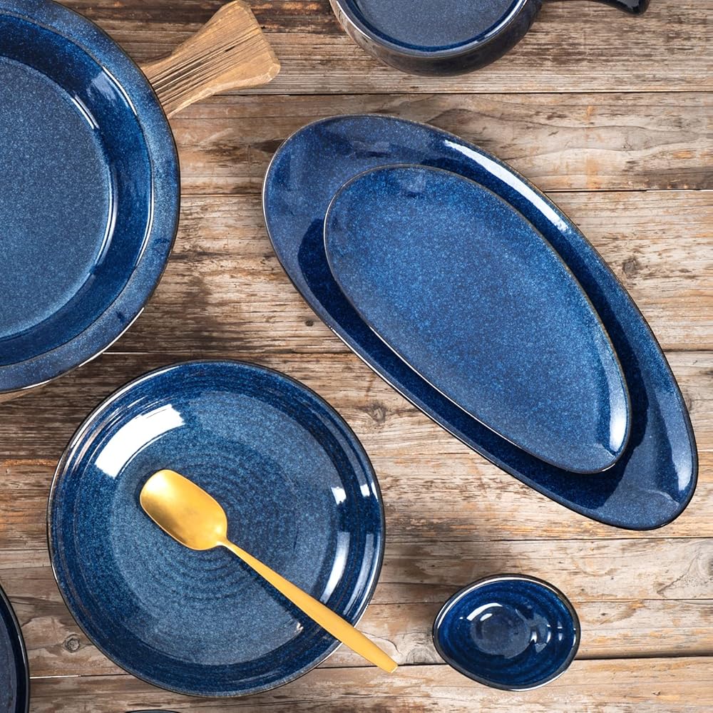 VICRAYS Lot de 3 grands plateaux de service ovales, 40.6 cm/35.6 cm/25.4 cm, en porcelaine pour fête, barbecue, plateaux de service empilables pour apéritifs, sushis, magasin de dessert, bleu : Cuisine et Maison