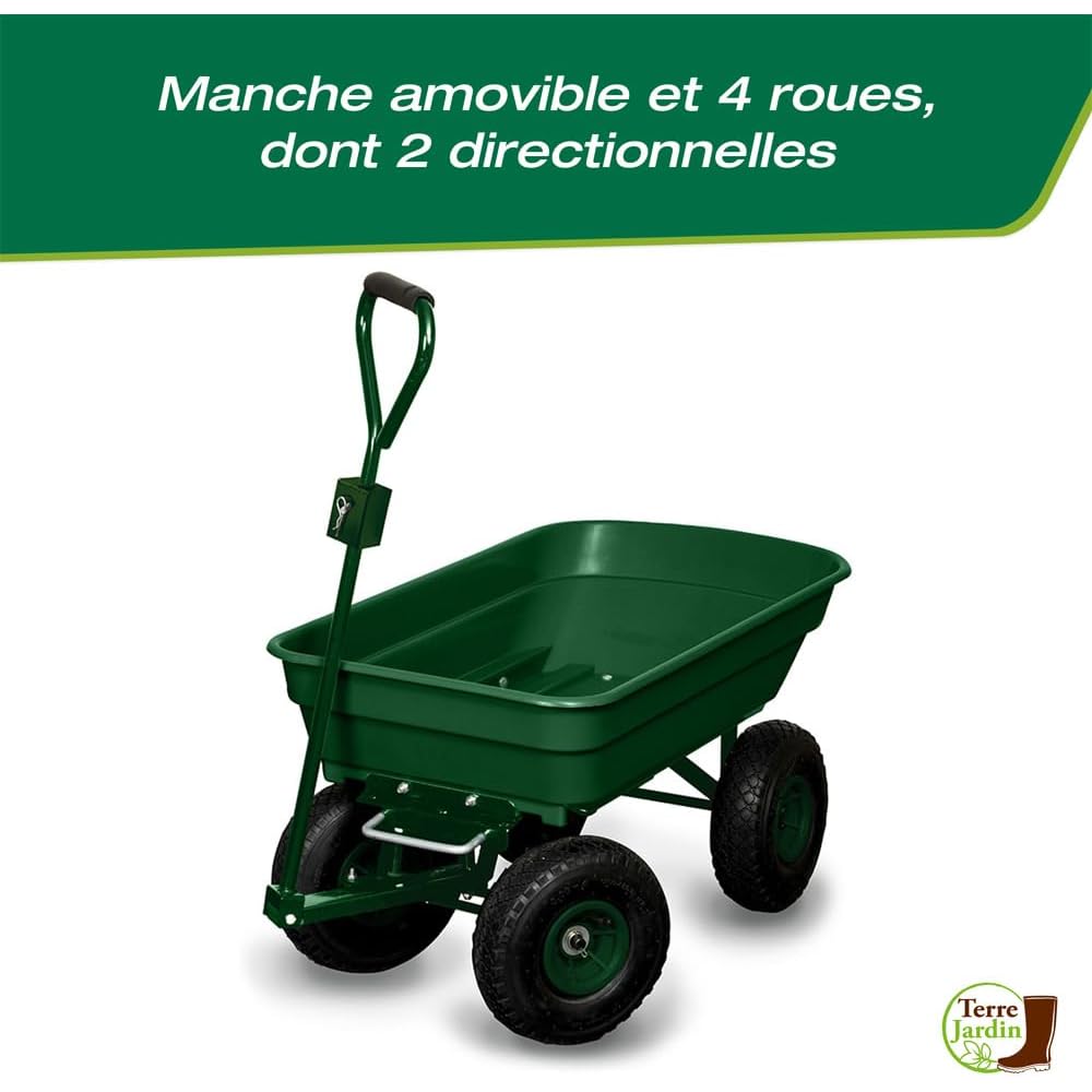 Chariot de jardin 4 roues 120 kg benne basculante 52 L avec fonction brouette et attelage pour tracteur tondeuse