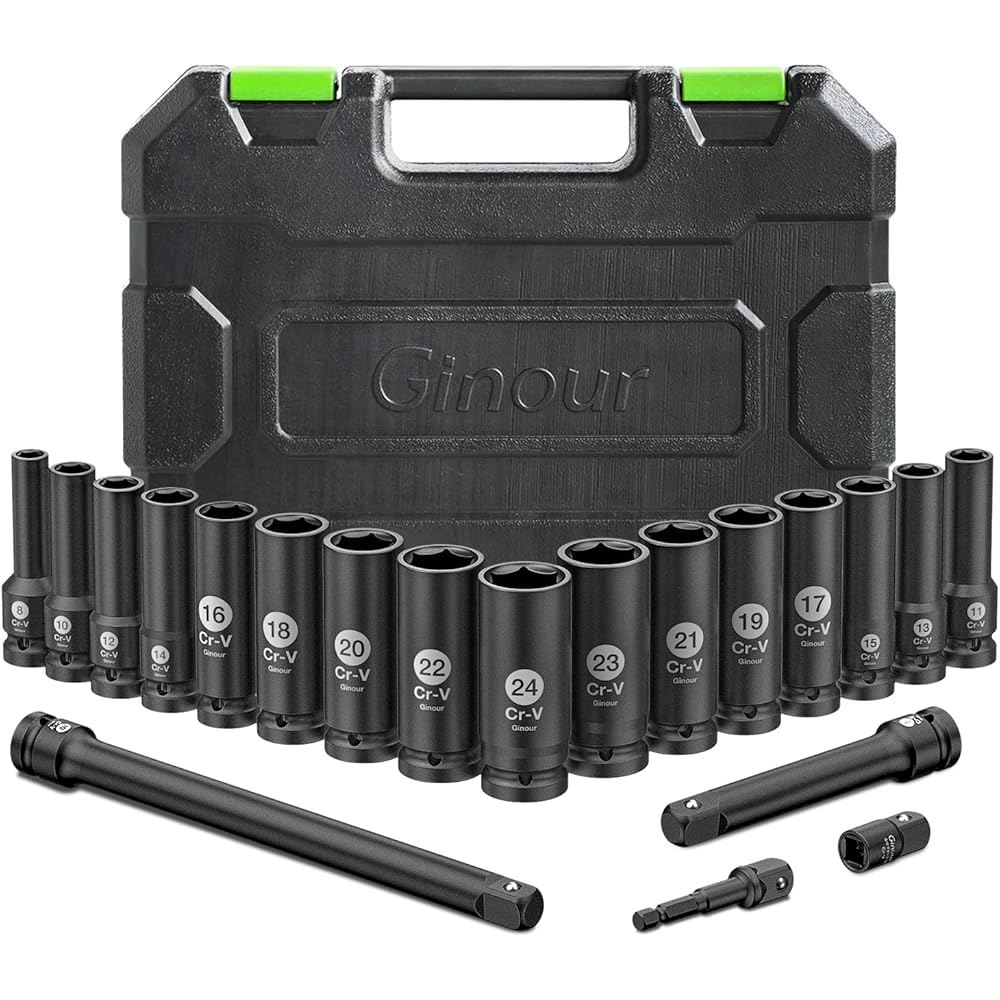 Jeu de douilles à choc 20 pièces, CR-V 8-24mm Ginour Coffret de douilles 1/2" 16 pièces 6 Pans avec rallonge 3, 5,10-inch et adaptateur 3/8 à 1/2 : Bricolage