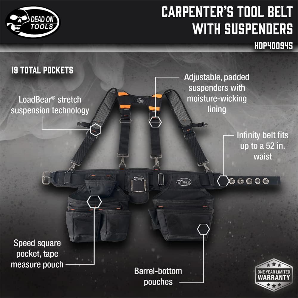 Dead On Tools - Ceinture à outils de charpentier 1680 deniers avec bretelles (HDP400945), noir : Mode