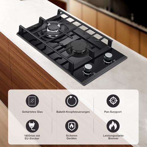 TopStrong Plaque de cuisson gaz 4 feux verre noir