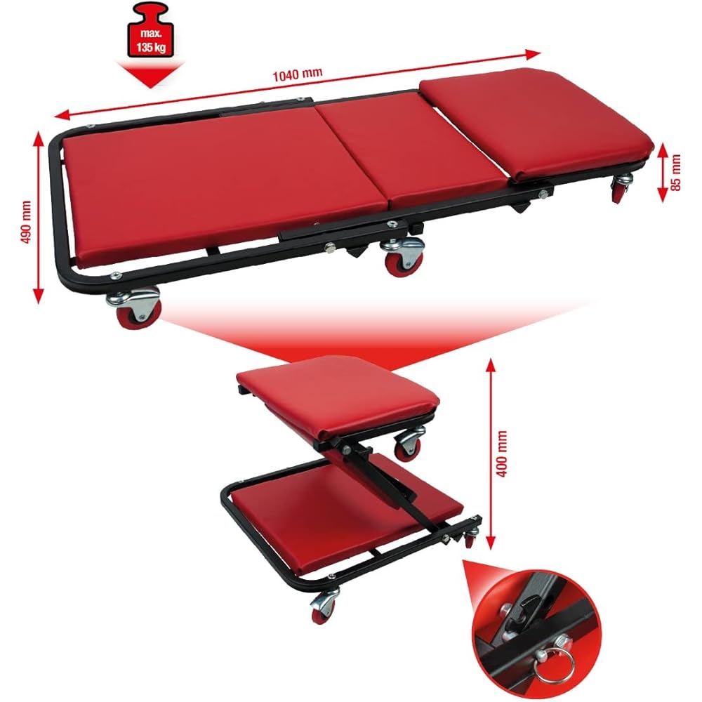 KS Tools - 500.8011 - Chariot de visite mécanicien convertible en siège d'atelier - Planche de travail et siège atelier mécanique 2 en 1 - 1020x460mm : Bricolage