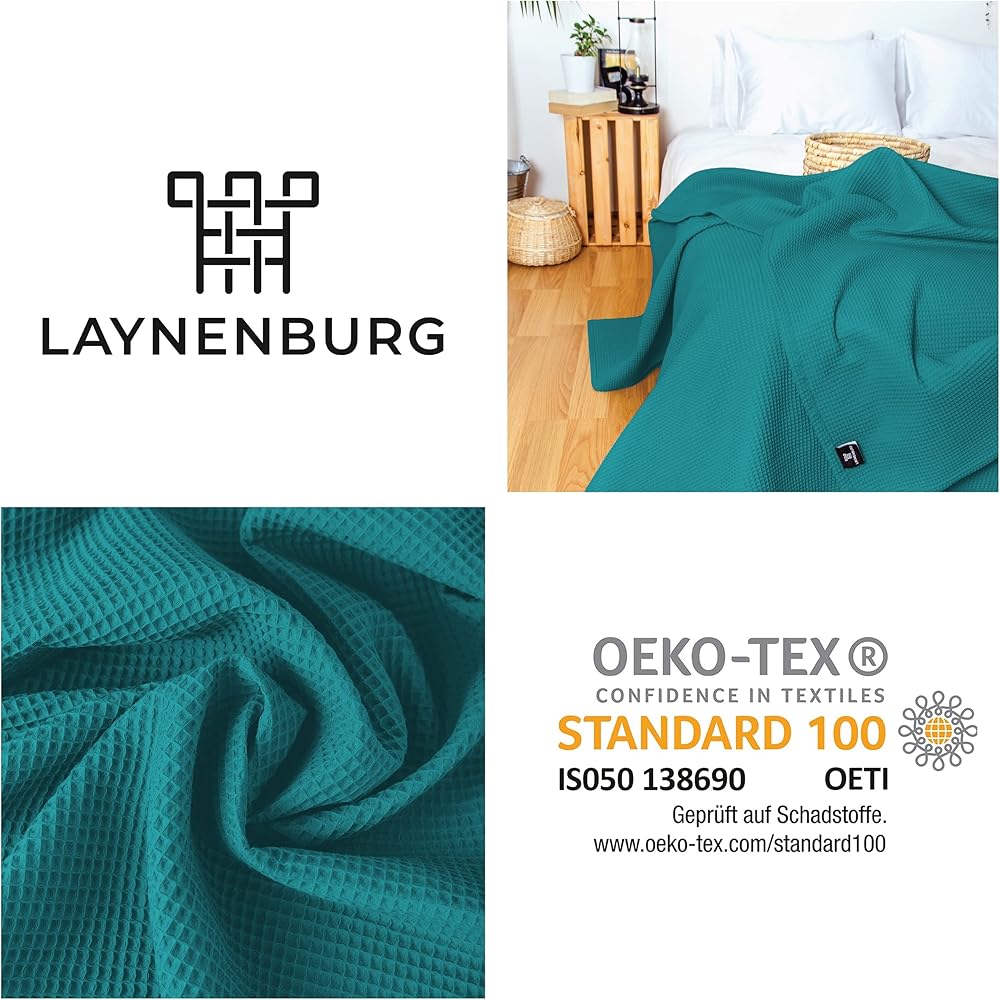 LAYNENBURG Couvre-lit 240 x 260 cm XXL - Piqué gaufré 100% Coton - Couverture légère pour l'été - Couverture en Coton pour Le lit, Le canapé - Couverture aérée pour Le canapé (Pétrole) : Cuisine et Maison