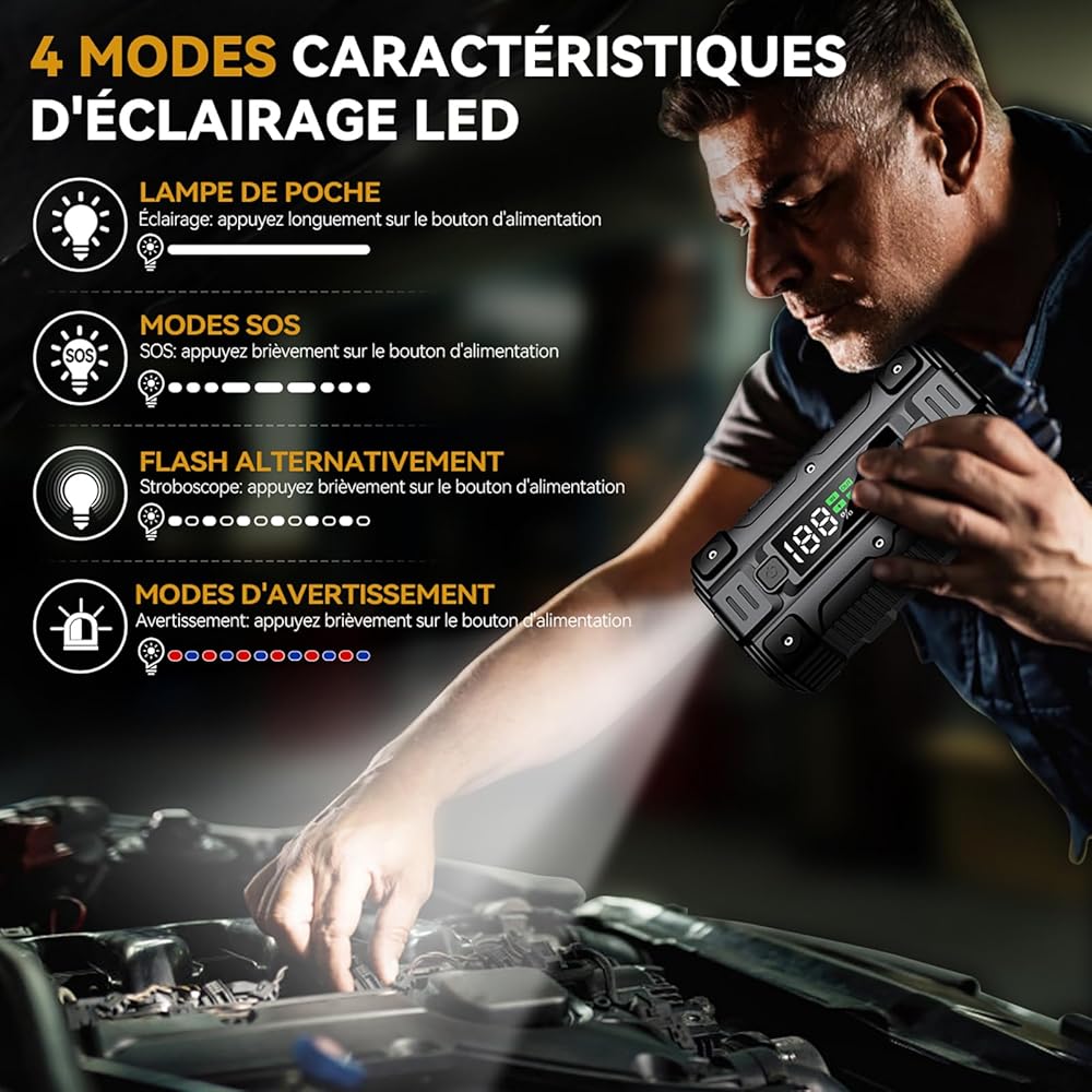 BRPOM Booster Batterie Voiture 5000A, 26800mAh Portable (Jusqu'à 8.5L Diesel & Tout Gaz), 12V Jump Starter, Démarreur de Batterie Avec Grand Ecran, QC 3.0 : Auto et Moto
