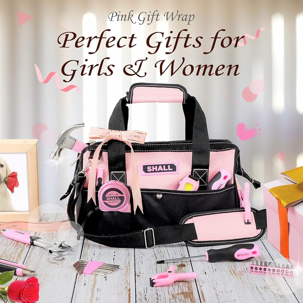 SHALL Ensemble d'outils roses de 246 pièces pour femme, trousse d'outils de base pour la maison avec sac à outils ouvert de 35,6 cm de large, ensemble d'outils à main pour la réparation, l'entretien : Bricolage