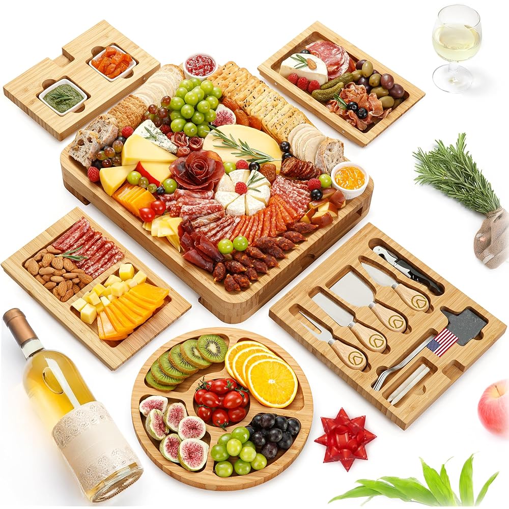 Coffret cadeau de planches de charcuterie de luxe, 23 pièces, bambou, grand plateau de fromages et plateau de fruits pour fête de Thanksgiving ou cadeau d'anniversaire : Cuisine et Maison