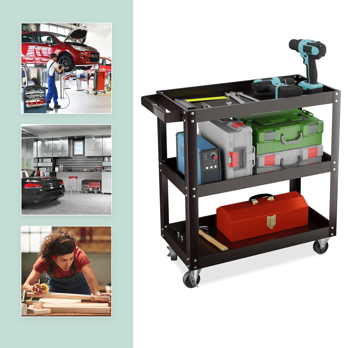 Relaxdays Chariot d'atelier, 3 Niveaux, Charge maximale : env. 100 kg, H x L x P : 76 x 78 x 35 cm, Noir : Bricolage
