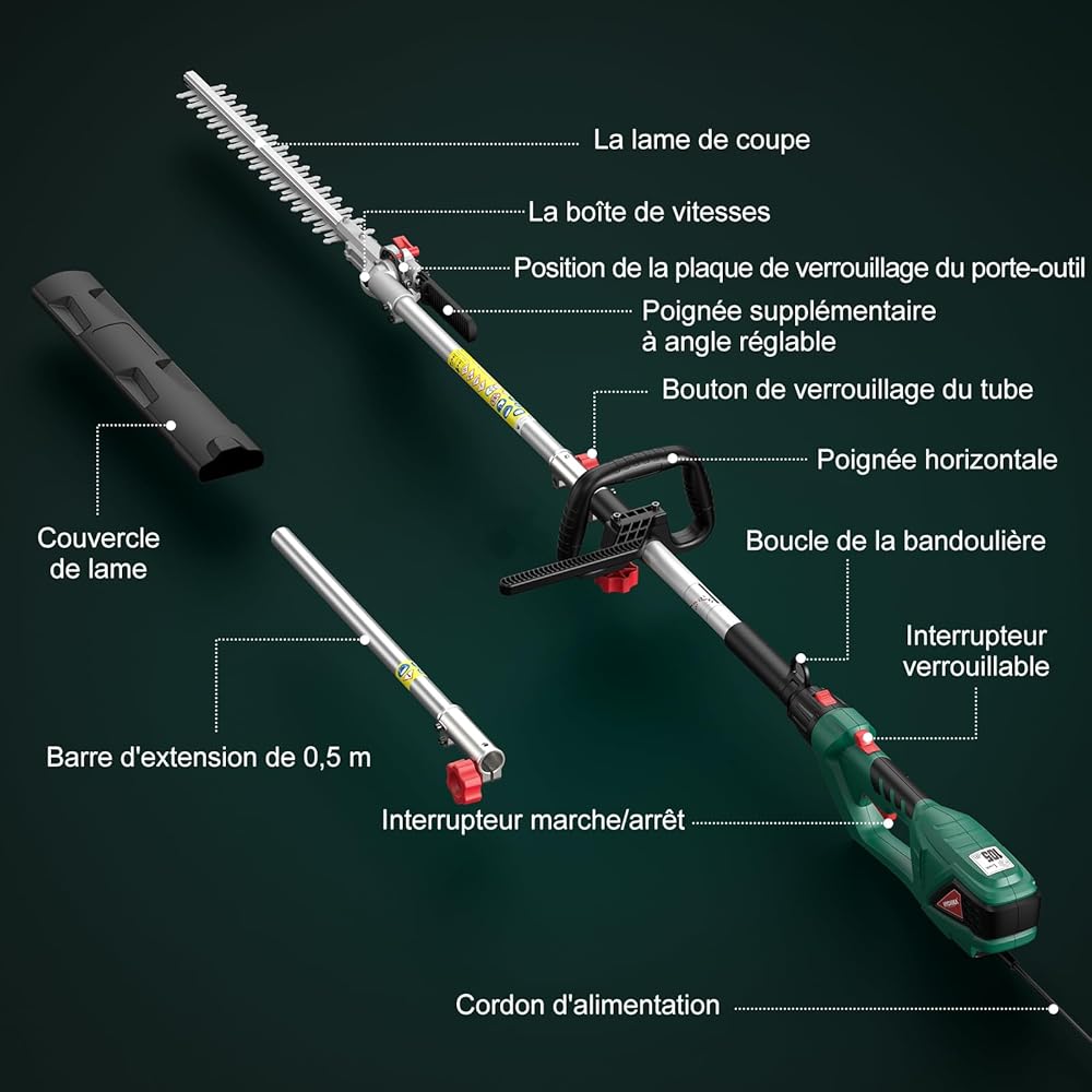 HYCHIKA Taille-haies télescopique 900 W portée 60 à 90 cm poignée pivotante
