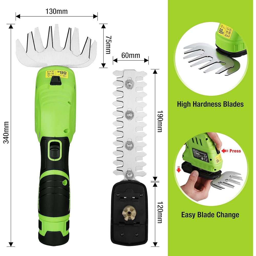 WORKPRO Cisaille Sculpte-Haie Electrique, Taille-Herbes sans Fil 12V, Taille Haie Batterie 2000mAh, avec 2 Lames, Cisaille à Gazon Léger pour Coupe, Elagage, Noir & Vert : Jardin