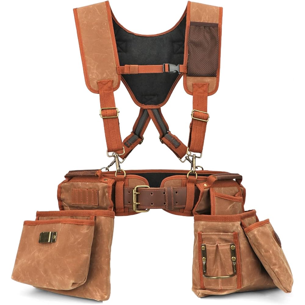 Tourbon Ceinture à outils en toile cirée avec bretelles amovibles pour électricien Pochette à outils Boucle pour marteau : Bricolage