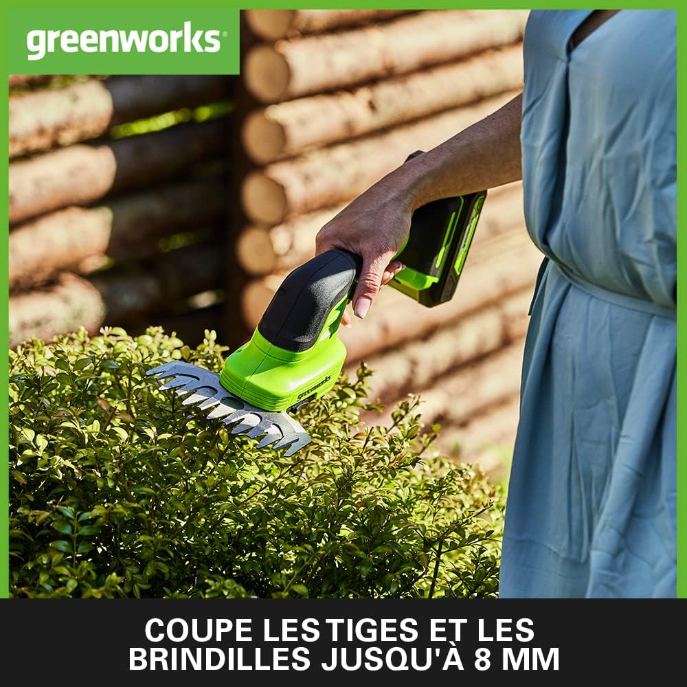 Cisaille sculpte-haies & taille-herbe de 120mm à batterie 2Ah 2en1 Greenworks G24SHTK2 (Li-Ion 24V 2400 coups/min épaisseur 8mm taille-haie de 20cm avec chargeur : Jardin