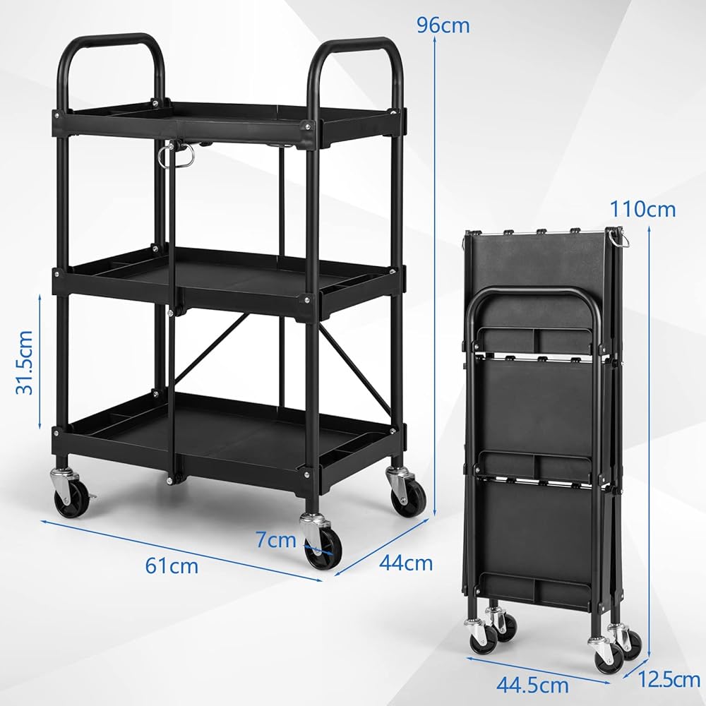 COSTWAY Chariot Servante d'Atelier à 3 Niveaux Pliant avec Roues Universelles, Chariot à Outils 4 Rainures et Mains Courantes Charge 45KG, 61 x 44 x 96 cm Noir : Commerce, Industrie et Science