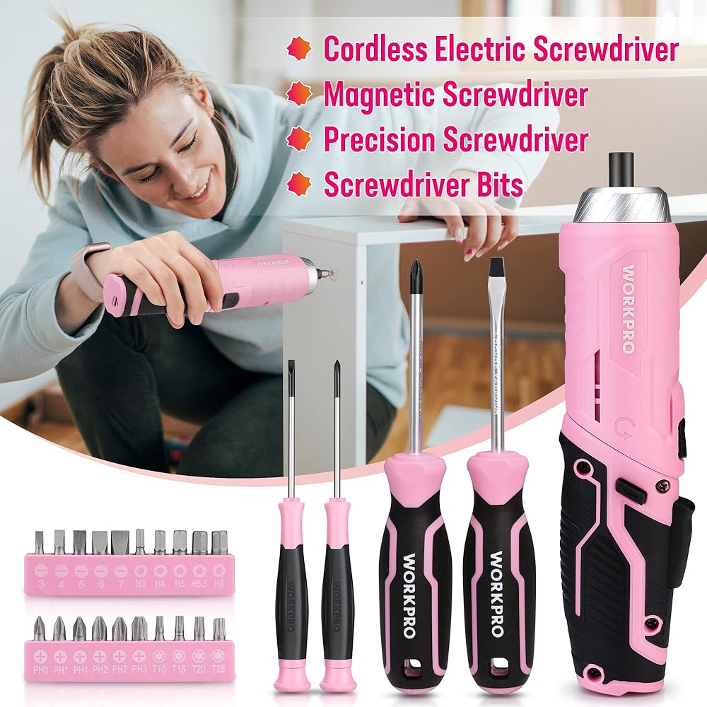 WORKPRO Caisse à Outils Complete Rose 73 Pièces avec Tournevis sans Fil 3,7 V, Boîte à Outils Complete avec Boîte en Fer Portable, Mallette à Outils pour Réparation Dommestique ou de Travail : Bricolage