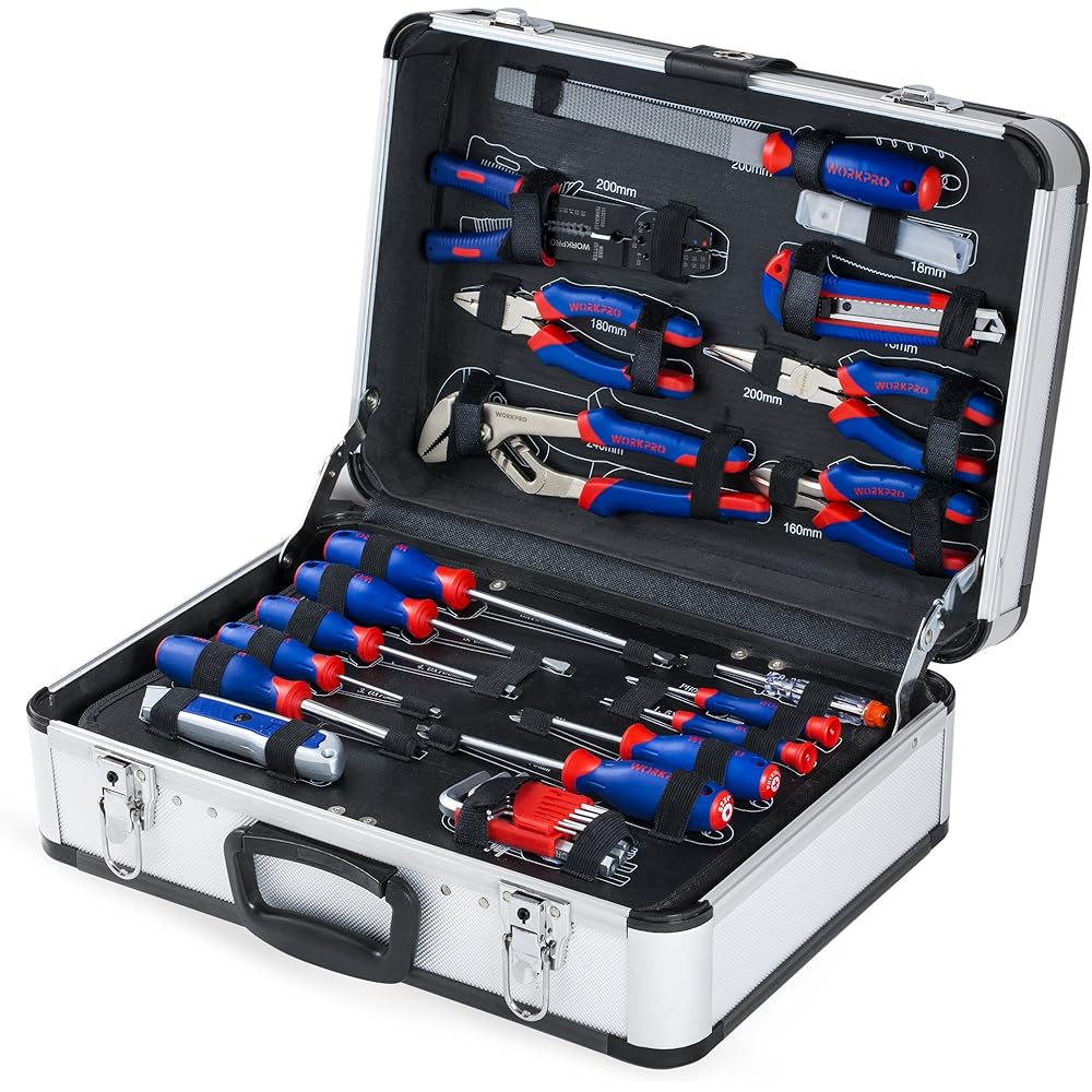 WORKPRO Caisse à Outils Complete Professionnelle avec Mallette en Aluminium, Boite à Outils Complete pour Réparation Dommestique ou de Travail 119 Pièces : Bricolage