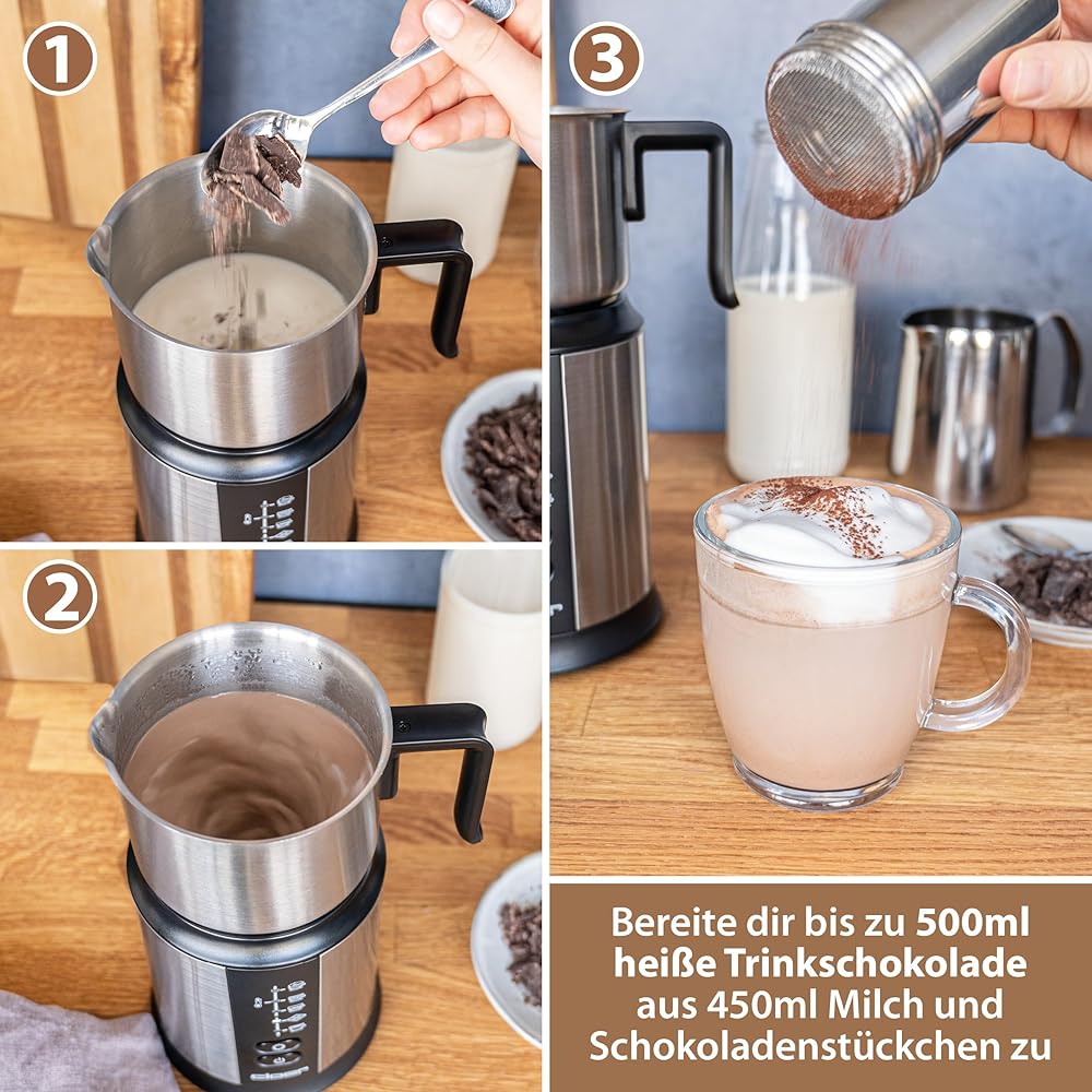 Cloer 7789 Mousseur à lait à induction XL800, mousse de lait 600 ml, chocolat chaud 500 ml, récipient 800 ml, commande électronique, 500 W, bobine de mousse magnétique, verseuse en acier inoxydable : Cuisine et Maison