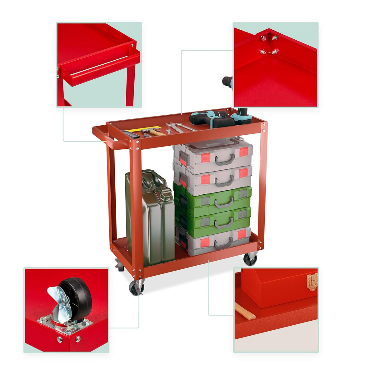 Relaxdays Chariot d'atelier, 2 Niveaux, Charge maximale : env. 100 kg, H x L x P : 76 x 78 x 35 cm, Rouge : Bricolage