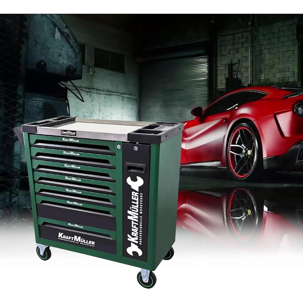 Servante d'atelier Kraft Muller KM-XXL-8/7 TOOL VERT ARMEE, 309 outils avec clé Dynamo, 7 tiroirs/1 porte Façade, roulettes : Bricolage