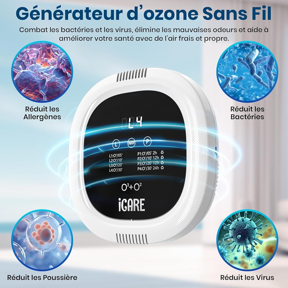 Générateur d'Ozone, 10000 mAh Rechargeable Purificateur d'air à Ions Négatifs Ozonizer, Stérilisateur d'Odeurs pour Chambre, Salle de Bain, Cuisine, Animaux Domestiques, Voiture, Formaldéhyde Chasse : Cuisine et Maison