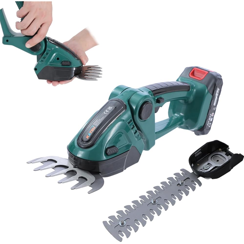 KATSU FIT-Bat 21V Taille-haie et Cisaille à Gazon sans Fil 2-en-1 avec 1,5Ah Batterie et 2 Lames, Cisaille Sculpte-Haie et Taille-Herbes Portatif, pour Jardin Pelouse Arbuste : Jardin