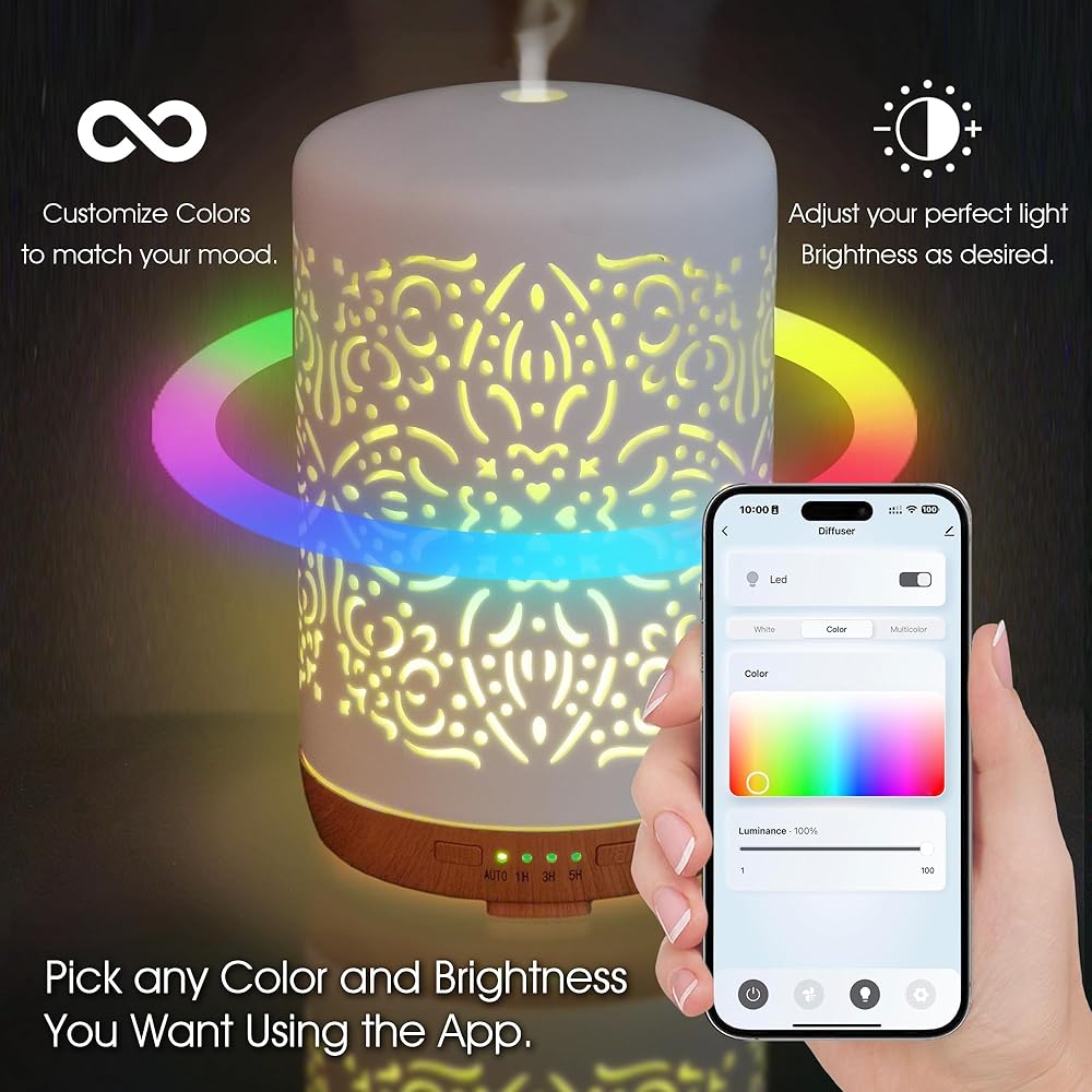 Earnest Living Diffuseur intelligent WiFi pour huiles essentielles Diffuseur en céramique 250 ml avec Alexa Google Home App Contrôle par téléphone LED et arrêt automatique Humidificateur de bureau : Cuisine et Maison