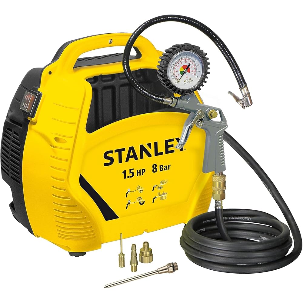 Stanley Compresseur à Air 8 Bar - Compresseur Voiture Portatif Sans Huile avec Outils Pneumatiques - Incl. Tuyau d'Air 3M, Pistolet à Air avec Manomètre et 3 Buses - Jaune : Stanley: Bricolage