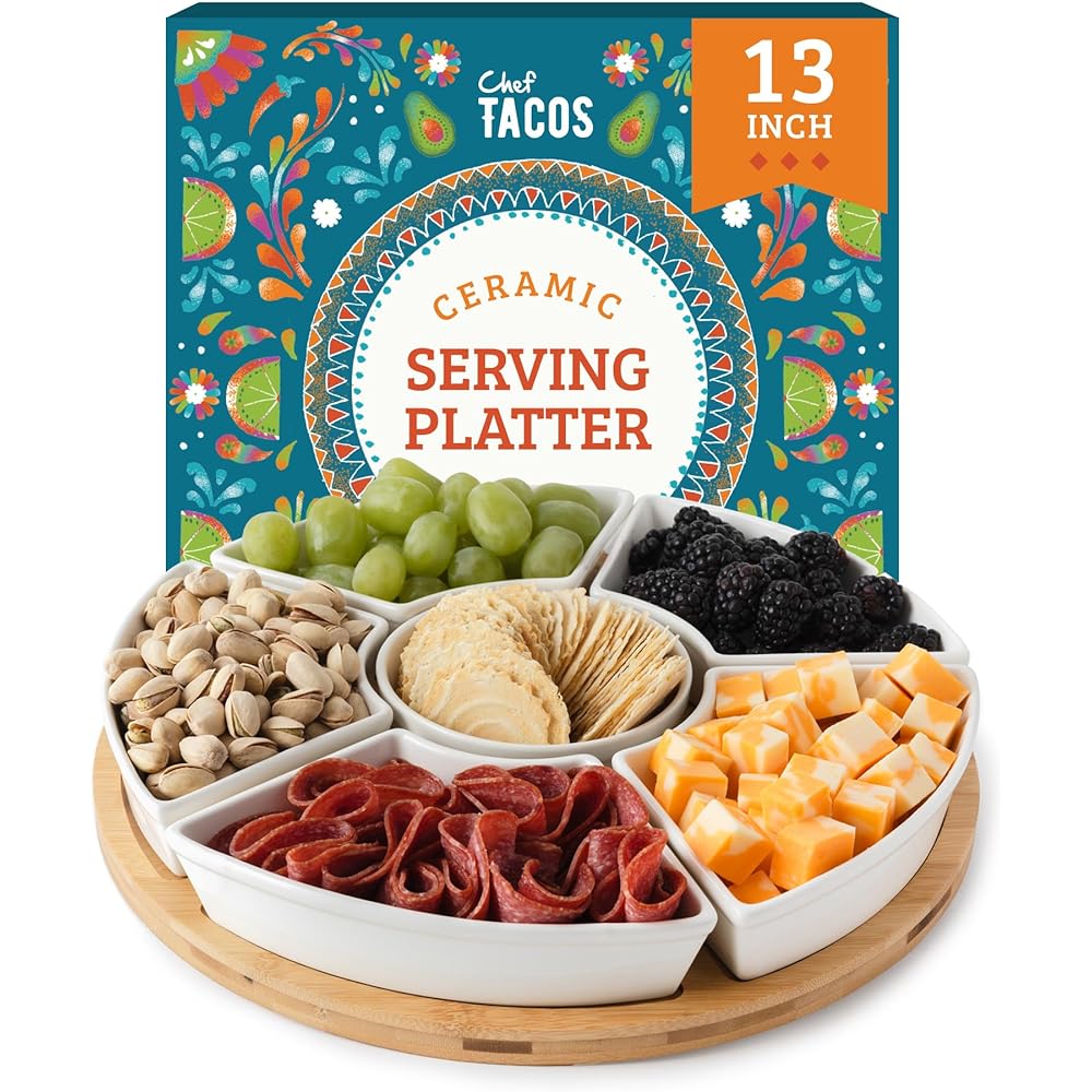 Chef Tacos | Plateau Aperitif en Céramique, Plateau Tournant Compartimenté pour Collation Tacos Lazy Susan – Ensemble Plateau de Service Apero pour Les Entrées et Desserts de fête, Salsa (33 cm) : Cuisine et Maison