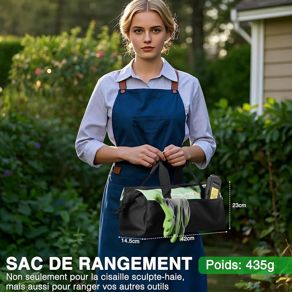 WORKPROX Cisaille Sculpte-Haie sans Fil 20V, Taille-Herbes Électrique avec Batterie 2,0Ah, Longueur/Largeur de Coupe 20 cm/14,5 cm, Ø8 mm, Outil de Jardin pour Gazon, Haies et Élagage, Noir & Vert : Jardin