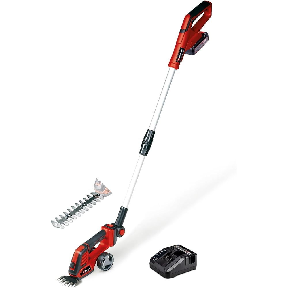 Einhell Cisaille à gazon taille-buissons sans fil GE-CG 18/100 Li T Kit Power X-Change (18 V, manche télescopique, acc. coupe-herbe 100 mm, acc. taille-buissons 200 mm, avec batterie 2,5 Ah +chargeur) : Jardin