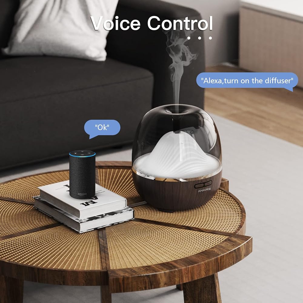 Ankrs Diffuseur d'Huiles Essentielles WiFi, 600ml Humidificateur d'air Compatible avec Alexa/Google Home, Diffuseur Électrique Connecté avec RGB Colorées, Timer et Contrôle à Distance sur l’APP : Hygiène et Santé