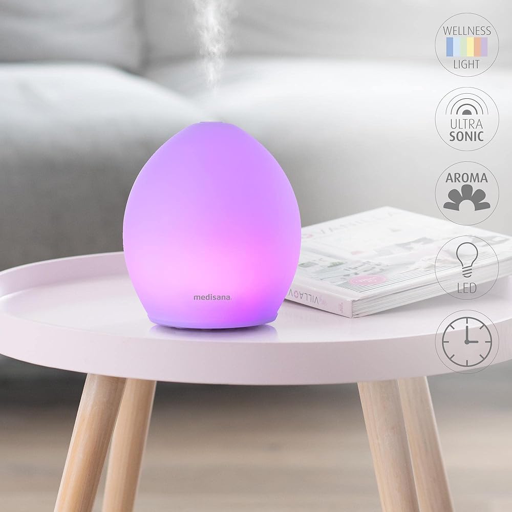 medisana | AD 635 | Diffuseur d'arôme | Verre givré | Désodorisant | Lampe à parfum avec timer | Parfum d'ambiance électrique | Huiles essentielles parfumées | Lumière bien-être 6 couleurs | 100 ml : Beauté et Parfum