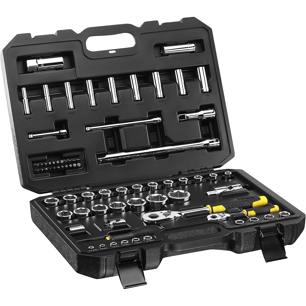 Stanley STMT82831-1 Coffret De Douilles ¼’’ + ½’’ + Cliquet 72 Dents 1/4" + Cliquet 72Dents 1/2" - Coffret Compact Et Résistant Avec Attaches Métal - Jeu De 72 Pièces : Bricolage