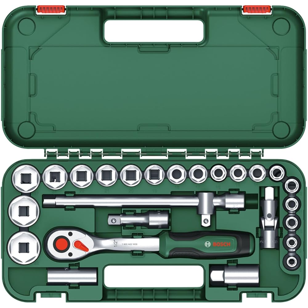 Bosch Set 25 clés à cliquet 1/2" (cliquet puissant 1/2" pour bricolage ; couple jusq. 768 Nm ; bouton verrouill; inverseur ; manche courbé ; Softgrip ; coffret transport) : Bricolage
