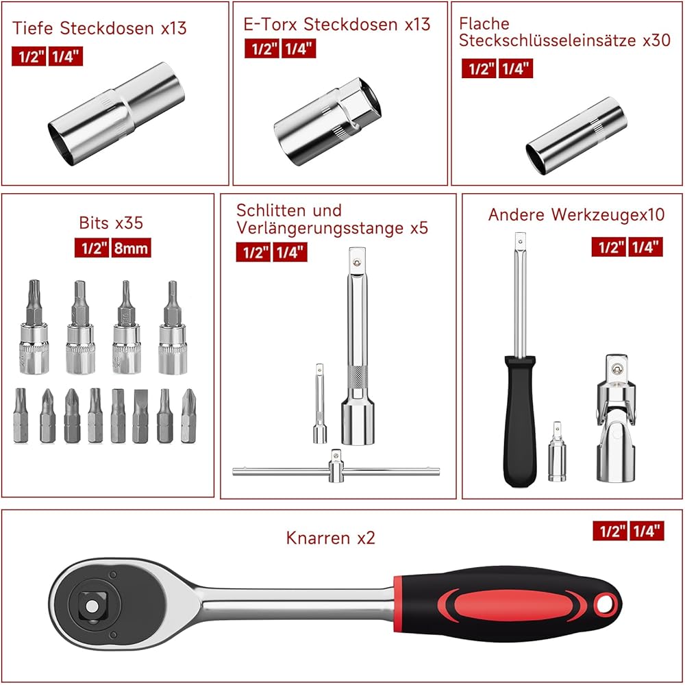 Walter Jeu de douilles en acier 108 pièces avec boîte à douilles 1/4" et 1/2", avec cliquet, clé à douille et jeu d'embouts, douilles, mallette à outils : Bricolage