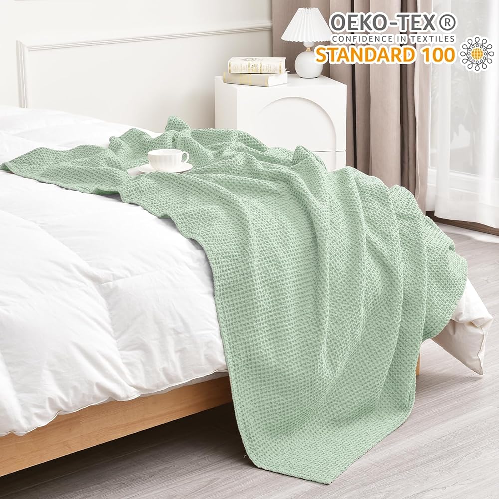 PHF Couverture 100 % coton - 230 x 270 cm - En nid d'abeille douce - Légère - Pour canapé, lit de mer, 230 x 270 cm - Vert herbe : Cuisine et Maison