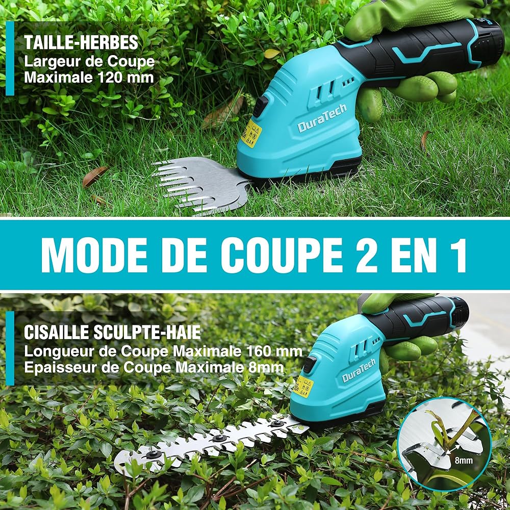 DURATECH Cisaille Sculpte-Haie Electrique, Taille-Herbes sans Fil 12V, Taille Haie Batterie 2000mAh, 2 Lames, Cisaille a Gazon Léger pour Coupe, Elagage, avec Sac Oxford : Jardin