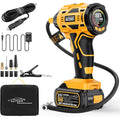 : AUTDER Compresseur à Air Portatif, Gonfleur Pneus Voiture, Max 180 PSI/12.4 Bar, Compresseur Voiture sans Fil avec Batterie 21V et 12V DC, pour Voitures, Vélos, Motos, Ballons, Jaune