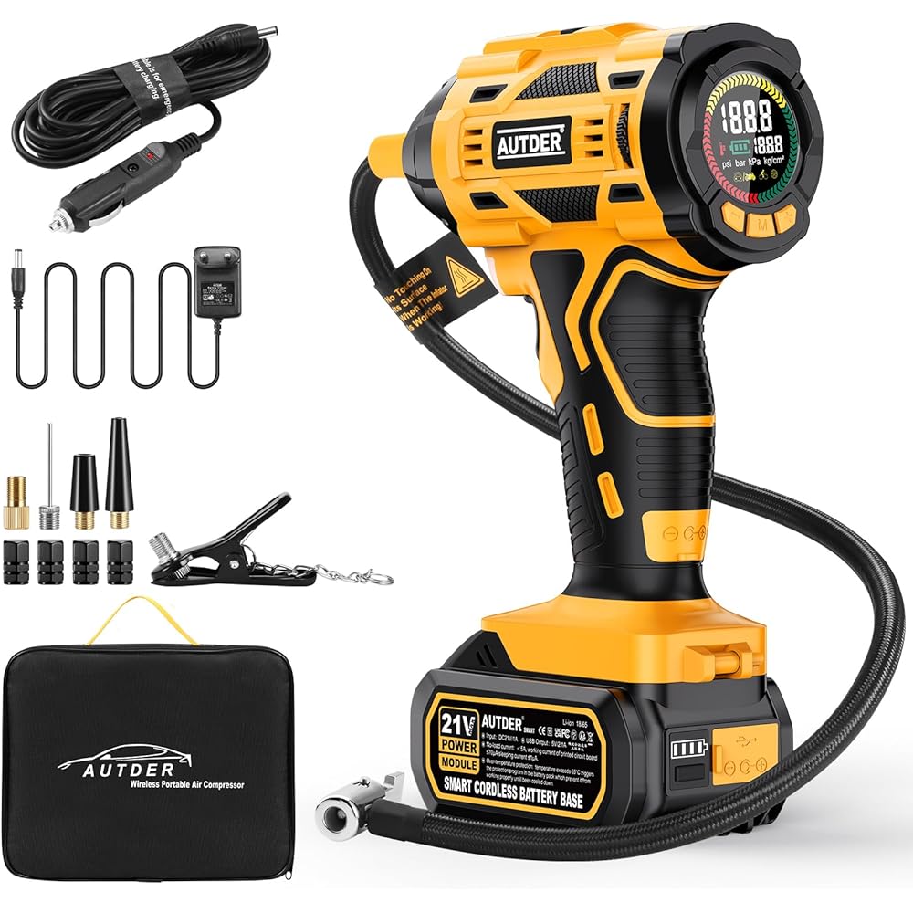 : AUTDER Compresseur à Air Portatif, Gonfleur Pneus Voiture, Max 180 PSI/12.4 Bar, Compresseur Voiture sans Fil avec Batterie 21V et 12V DC, pour Voitures, Vélos, Motos, Ballons, Jaune