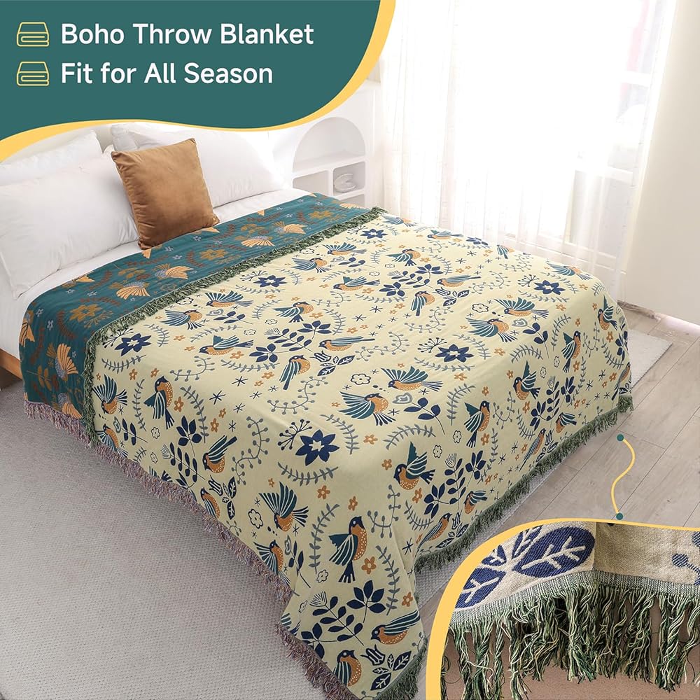 HOORDRY Couverture tissée 100 % coton avec franges, couvre-lit boho double face, 200 × 230 cm, bleu/beige, noble et douillet pour regarder la télé, plaid de fauteuil, couverture réversible : Cuisine et Maison