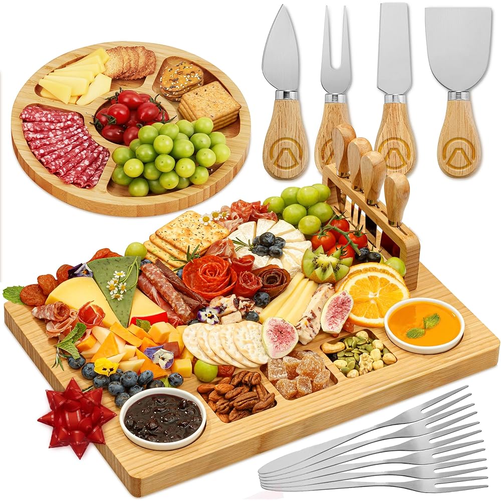 YES4QUALITY Planches à charcuterie Coffret Cadeau Premium-15 pièces, Bambou-Grande Planche à Fromage et Plateau à Fruits pour Cadeau de fête d'anniversaire : Cuisine et Maison