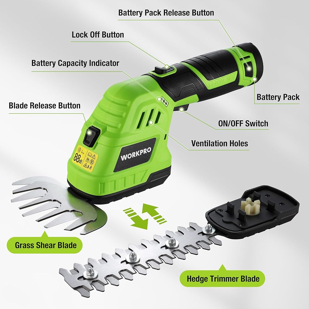 WORKPRO Cisaille Sculpte-Haie Electrique, Taille-Herbes sans Fil 12V, Taille Haie Batterie 2000mAh, avec 2 Lames, Cisaille à Gazon Léger pour Coupe, Elagage, Noir & Vert : Jardin