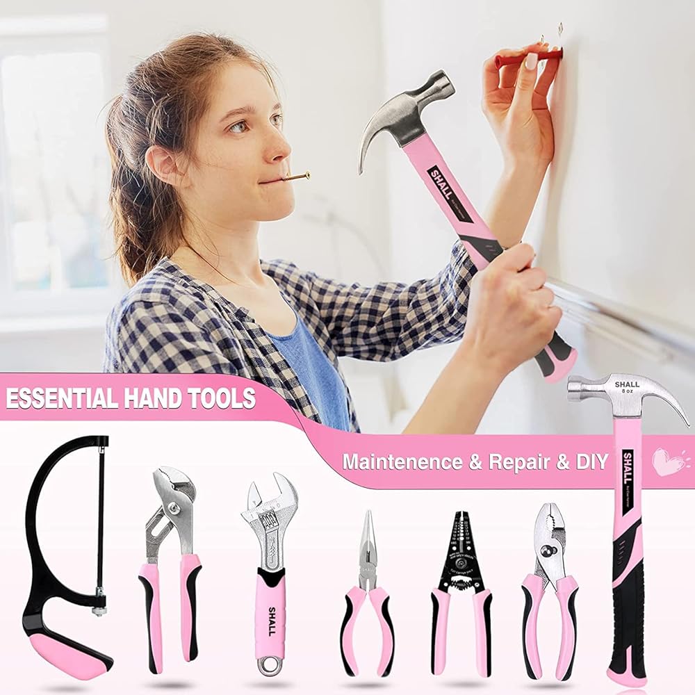 SHALL Ensemble d'outils roses de 246 pièces pour femme, trousse d'outils de base pour la maison avec sac à outils ouvert de 35,6 cm de large, ensemble d'outils à main pour la réparation, l'entretien : Bricolage