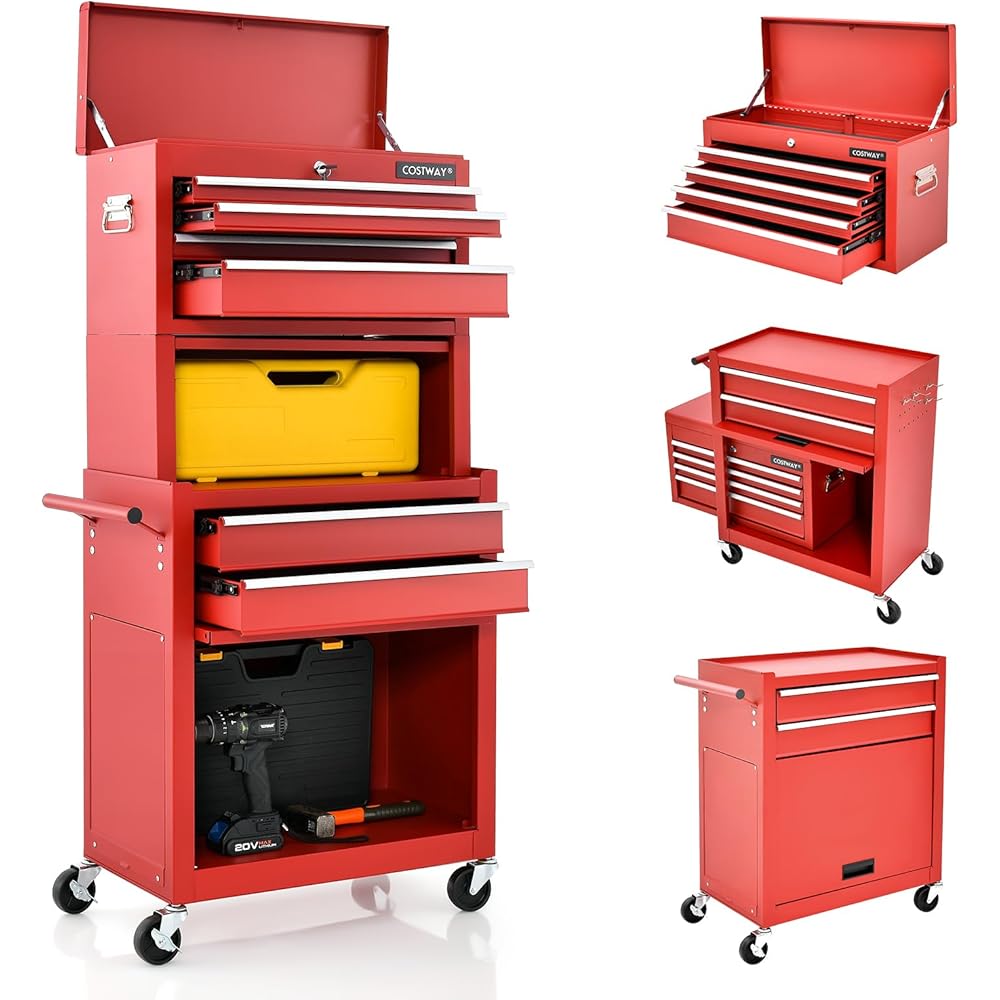 GYMAX Servante d’Atelier à Outils 3 en 1, avec 6 Tiroirs et 2 Grandes Couches, Chariot à Outils d'Atelier en Métal avec Serrure, Charge 90 KG, pour Garage/Atelier (Rouge) : Bricolage