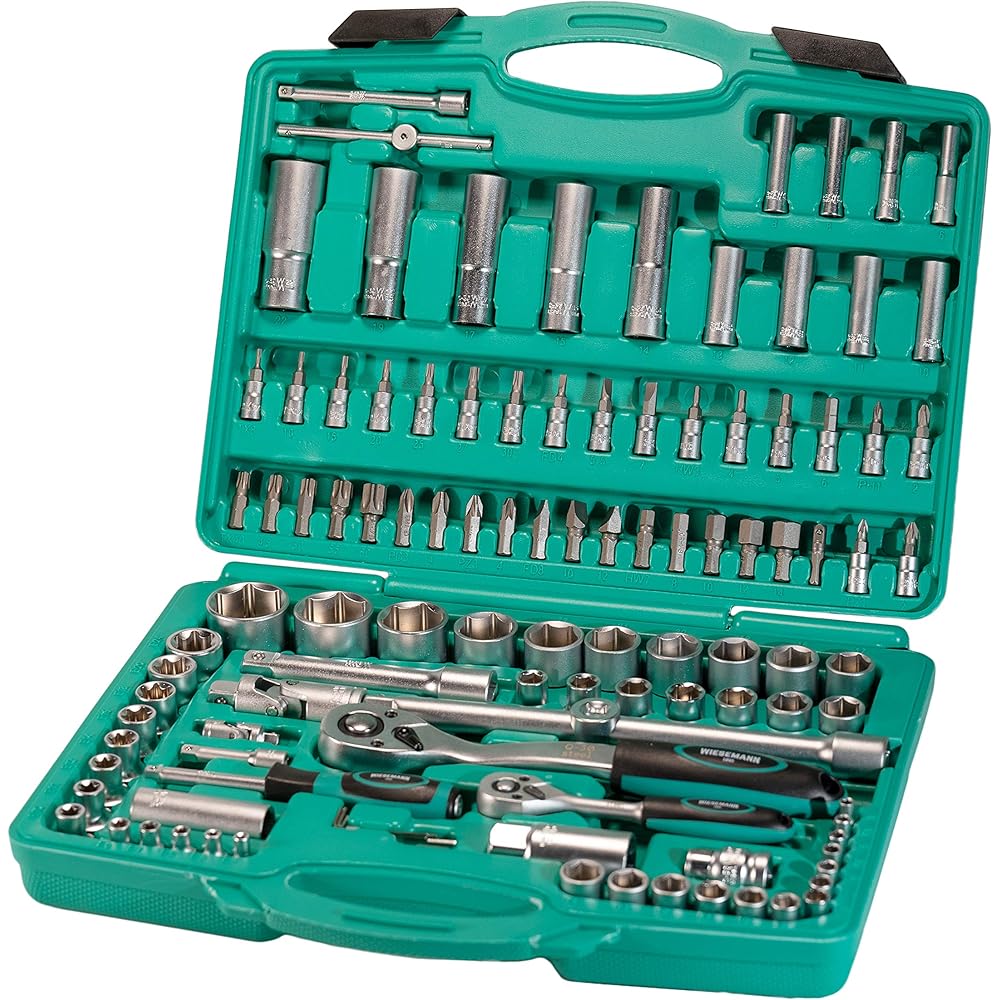 Lot douilles et cliquets 110 pièces | WIESEMANN 80126 | acier au chrome-vanadium | cliquets 1/2" et 1/4" | douilles 6 pans | vis Phillips et Pozidriv | dans un coffret : Bricolage