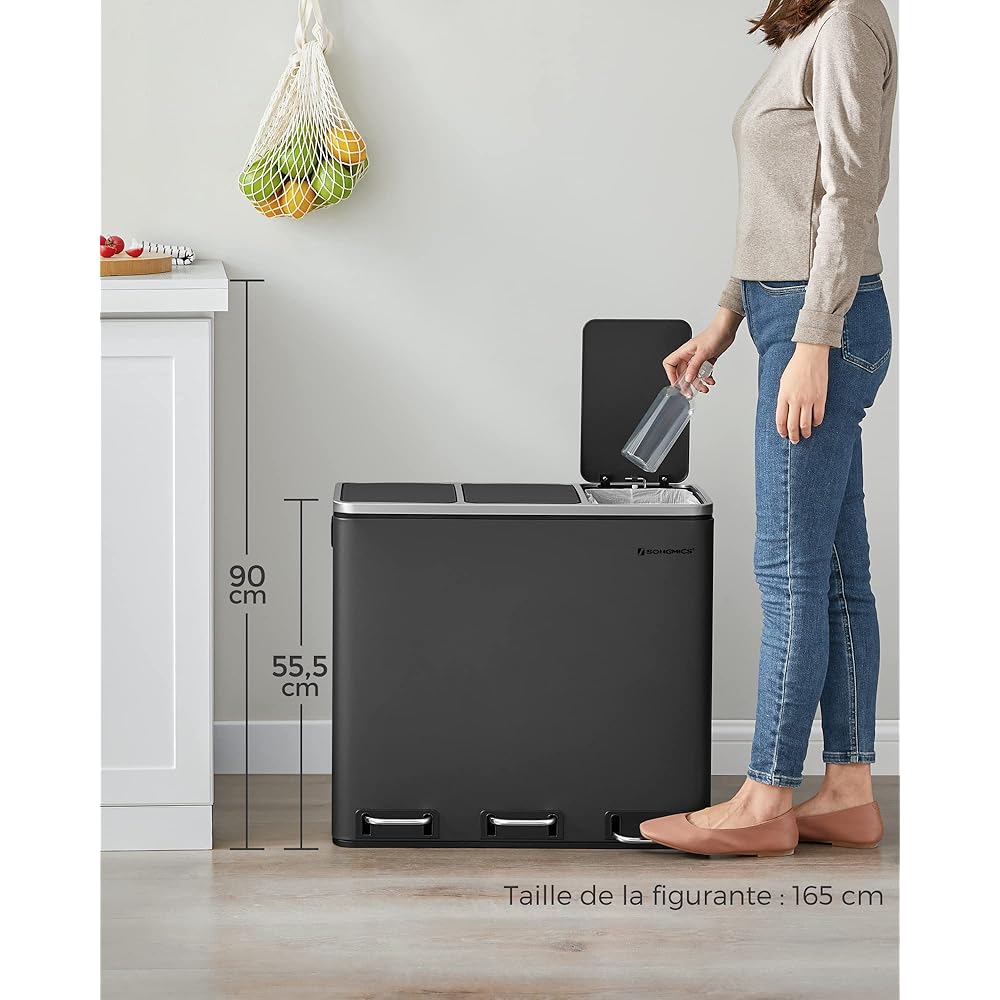SONGMICS Poubelle Cuisine, 3 x 18L, Poubelle de Tri, 3 Compartiments, Déchets, Compost, Couvercles à Fermeture en Douceur, Pédales, Seaux Intérieurs, Acier, Noir d'Encre LTB54BK : Cuisine et Maison